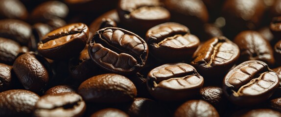 Aufkleber - Macro close-up of roasted coffee beans showcasing rich textures and deep brown hues ideal for coffee related concepts and advertisements.