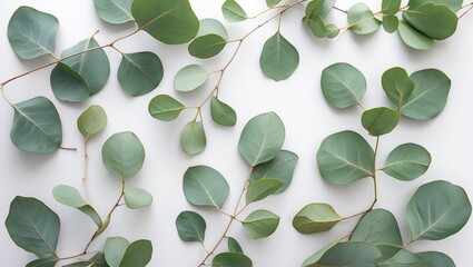 Poster - Eucalyptus leaves arranged on white background creating a fresh and natural aesthetic for design or decoration purposes.