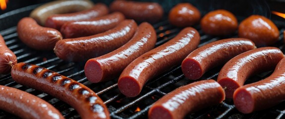 Poster - Grilling Assortment of Juicy Red Sausages on BBQ Grill with Smoke Ready for Cooking and Blank Space for Text Overlay