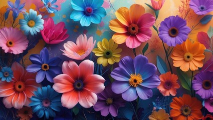Aufkleber - Vibrant abstract floral background featuring an explosion of colorful flowers in various styles and hues, perfect for artistic designs.