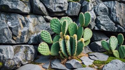Aufkleber - Basalt rock wall with vibrant green cactus plants in Jeju showcasing a natural contrast in texture and color in a serene landscape setting.