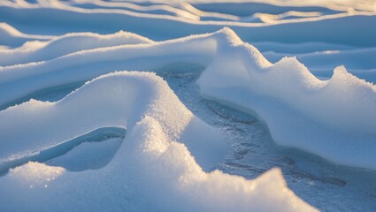Aufkleber - Intricate patterns of icy snow formations created by wind and sunlight during a winter landscape in a close-up perspective.