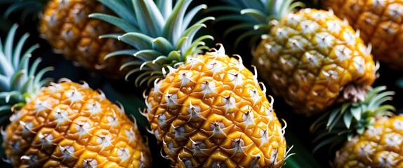 Aufkleber - Detailed close-up of fresh ripe pineapples showcasing vibrant texture and color against a dark background. Ideal for food and nutrition themes.