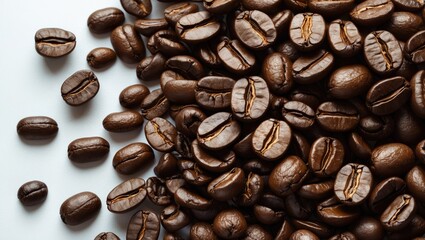 Poster - Dark roasted coffee beans meticulously arranged on a clean white background showcasing their rich texture and color.