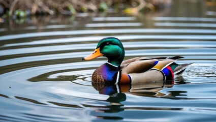 Poster - Vibrant Male Mallard Duck Gliding on Calm Water with Gentle Ripples and Reflective Surface in Natural Habitat