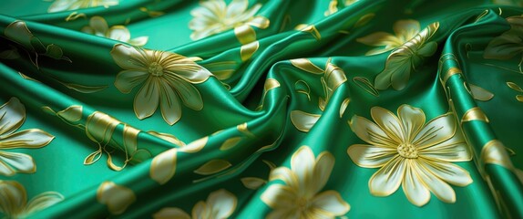 Poster - Vibrant green silk fabric adorned with an embossed floral pattern featuring delicate gold details and a luxurious sheen