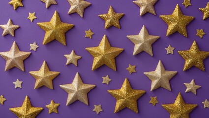 Poster - Glittering gold stars scattered across a vibrant purple background creating a festive and whimsical design for creative projects.