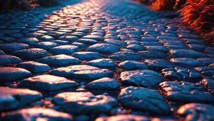 Aufkleber - Cobblestone path with intricate texture illuminated by warm evening light perfect for backgrounds and design elements.