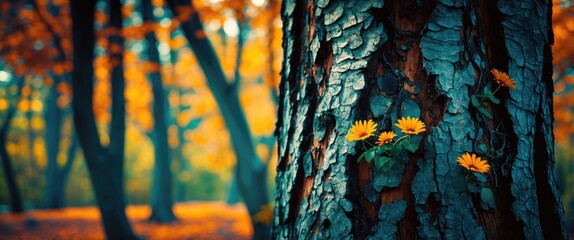 Aufkleber - Textured tree trunk with vibrant autumn foliage and yellow flowers creating a serene forest atmosphere in warm tones.