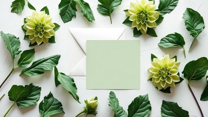 Poster - Green dahlias and fresh leaves arranged on white background with green envelope and blank paper for nature-themed greetings and messaging.