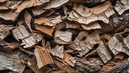 Aufkleber - Textured close-up of crushed and shredded wood bark fragments showcasing natural variations and earthy tones suitable for backgrounds or materials.