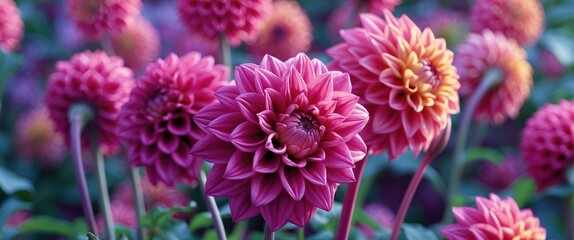 Aufkleber - Vibrant close-up of pink dahlia flowers showcasing intricate petals and lush green stems in a garden setting.