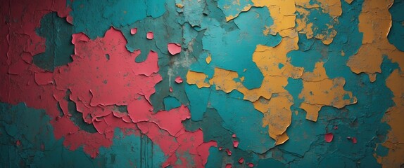 Poster - Colorful grunge wall texture with peeling paint in vibrant shades of teal, red, and yellow showcasing a distressed urban aesthetic.