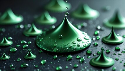 Poster - Glittering green water droplets forming peaks on a dark metallic surface creating an artistic abstract background.