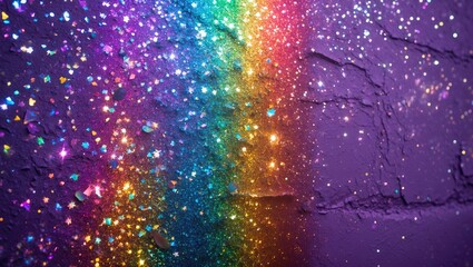 Poster - Holographic glitter texture on purple wall with rainbow spectrum gradient creating a shiny abstract background for graphic design projects