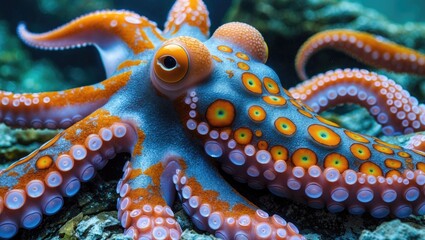 Poster - Octopus exhibiting vibrant chromatophore patterns in underwater setting showcasing marine biodiversity and unique cephalopod adaptations