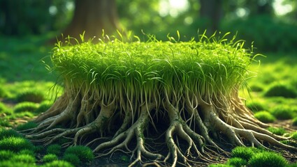 Poster - Fantasy landscape featuring vibrant green grass sprouting from unique roots in a magical woodland setting with soft sunlight filtering through trees.