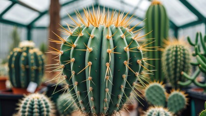 Poster - Closeup View of Large Green Cactus with Long Spines in Greenhouse Setting Showcasing Selective Focus on Unique Texture and Detail