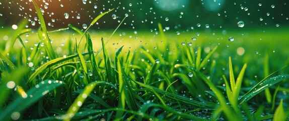 Poster - Freshly water-dropped green grass glimmers in sunlight showcasing nature's beauty and refreshing tranquility in a natural setting.