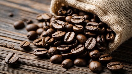 Aufkleber - Coffee beans spilling from a burlap sack on rustic wooden surface creating a warm and inviting coffee shop ambiance