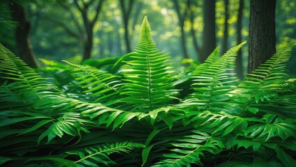 Poster - Lush green fern leaves in soft focus creating a serene atmosphere in a tranquil forest park setting