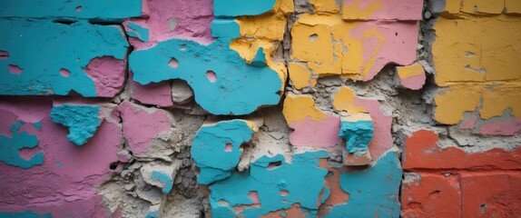 Poster - Colorful grunge wall texture with peeling plaster and vibrant layers of paint in shades of pink, blue, and yellow creating an artistic backdrop.