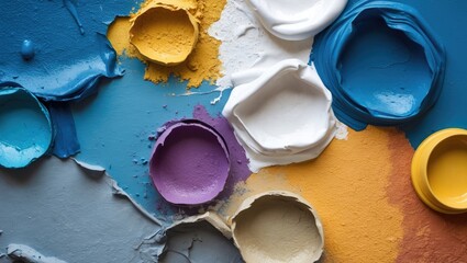 Poster - Colorful Painted Surfaces with Texture in Various Paint Tubs and Spills on a Background for Creative and Artistic Inspiration