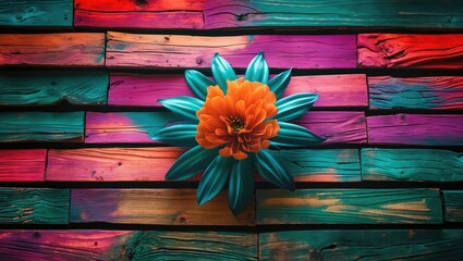 Aufkleber - Colorful wooden plank background with vibrant flower design creating a striking contrast in high-resolution artistic composition.