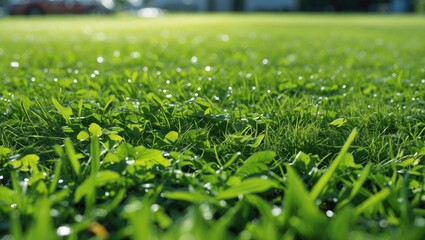 Canvas Print - Close up view of vibrant green lawn with morning dew captured in sunlight creating a tranquil and fresh outdoor atmosphere.