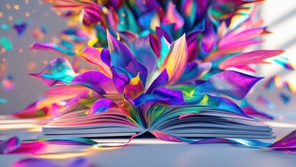 Poster - Vibrant explosion of colorful petals emerging from an open notebook against a bright background symbolizing creativity and inspiration.