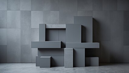 Poster - Modern minimalist design with geometric gray blocks on a textured background creating an abstract artistic composition in a neutral palette.