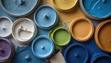 Aufkleber - Vibrant Close-Up of Open Paint Cans Showcasing a Spectrum of Colors and Textures on a Wooden Surface