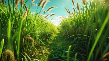Poster - Lush green grass pathway illuminated by sunlight surrounded by vibrant wild foliage in a serene outdoor setting.
