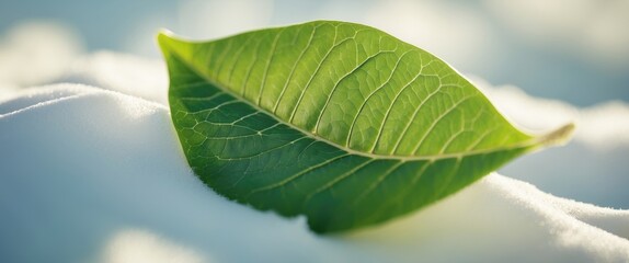 Wall Mural - Close up of a vibrant green leaf resting on a soft white surface highlighting its intricate veins and natural texture.