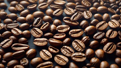 Poster - Close-up texture of roasted coffee beans arranged on a dark background showcasing the rich detail and color of the coffee seeds.