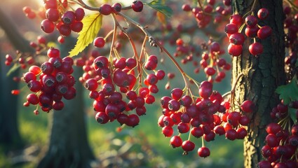 Poster - Close-up of vibrant elderberries on a tree branch illuminated by soft sunlight in a lush green environment.