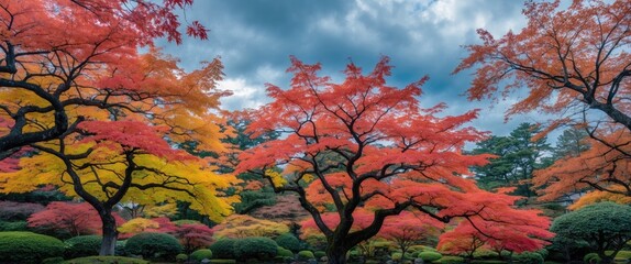 Aufkleber - Vibrant autumn foliage on trees against a cloudy blue sky in a serene Japanese garden showcasing seasonal beauty and nature's palette.