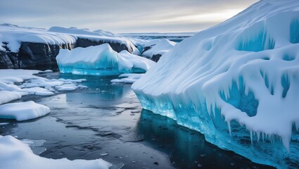Aufkleber - Intricate natural ice formations and snow patterns in winter landscapes of Iceland showcasing stunning blue hues and tranquil waters.