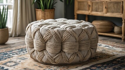 Poster - Hand woven tufted braided pouf seat in stylish living room setting with natural light and decorative elements