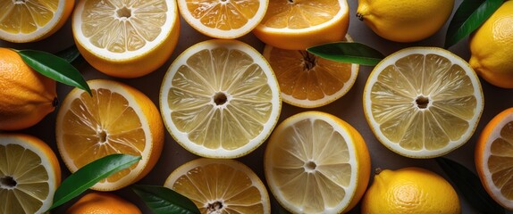 Poster - Vibrant citrus fruits display featuring lemons and oranges ideal for fresh and healthy design projects