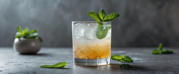 Poster - Refreshing cocktail with mint leaf in a crystal glass on a textured table with space for text. Perfect for beverage promotion or recipes.