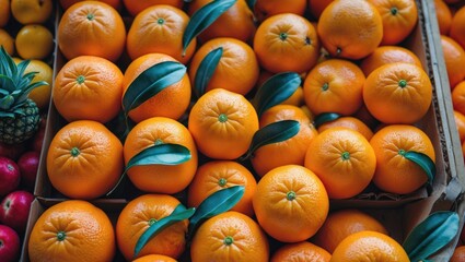 Aufkleber - Fresh Sunkist oranges displayed in a vibrant fruit market offering a colorful top view of natural produce and gardening products.