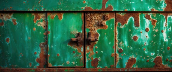 Poster - Rusty green metal sheet with galvanized surface, weathered textures, and aged patina creating a vintage industrial backdrop.