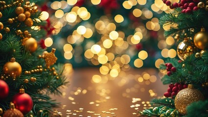 Poster - Christmas bokeh background featuring festive decorations with golden lights and elegant ornaments among pine branches and warm ambiance.