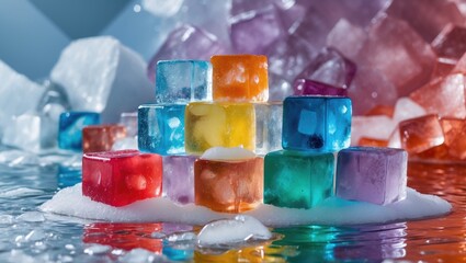 Poster - Colorful ice cubes stacked on reflective surface, creating a vibrant and abstract visual effect with a playful twist on traditional ice imagery.
