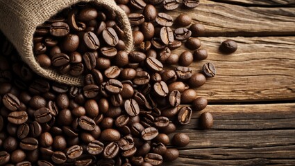 Aufkleber - Freshly roasted coffee beans spilling from a burlap sack onto a rustic wooden backdrop. Perfect for coffee lovers and gourmet ads.