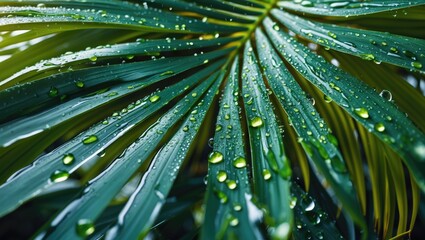 Poster - Closeup of a palm tree leaf covered in water droplets creating a fresh and vibrant natural backdrop for advertising or design concepts.
