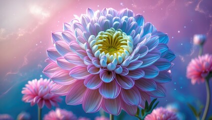 Aufkleber - Vibrant chrysanthemum flower with intricate petals and soft pastel colors against a dreamy background. Ideal for floral and nature themes.