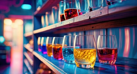 Poster - Vibrant Glassware Selection Displayed on Wooden Shelves in a Colorful Ambient Environment
