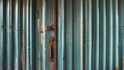 Poster - Detailed close-up of aged mint metal corrugated slide door showcasing rust and wear, highlighting industrial textures and vintage character.